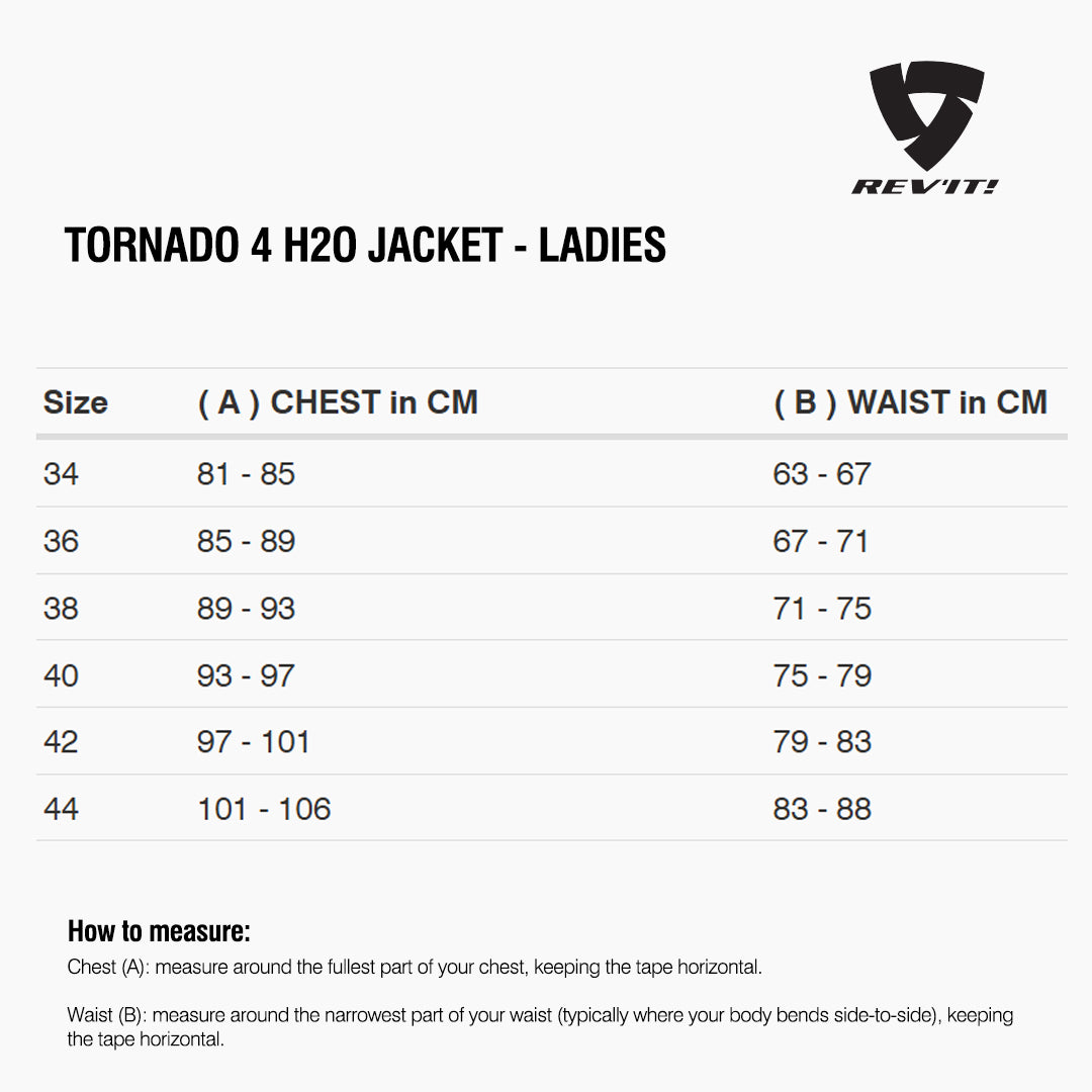 Size chart for REVIT Tornado 4 H2O Jacket - Ladies